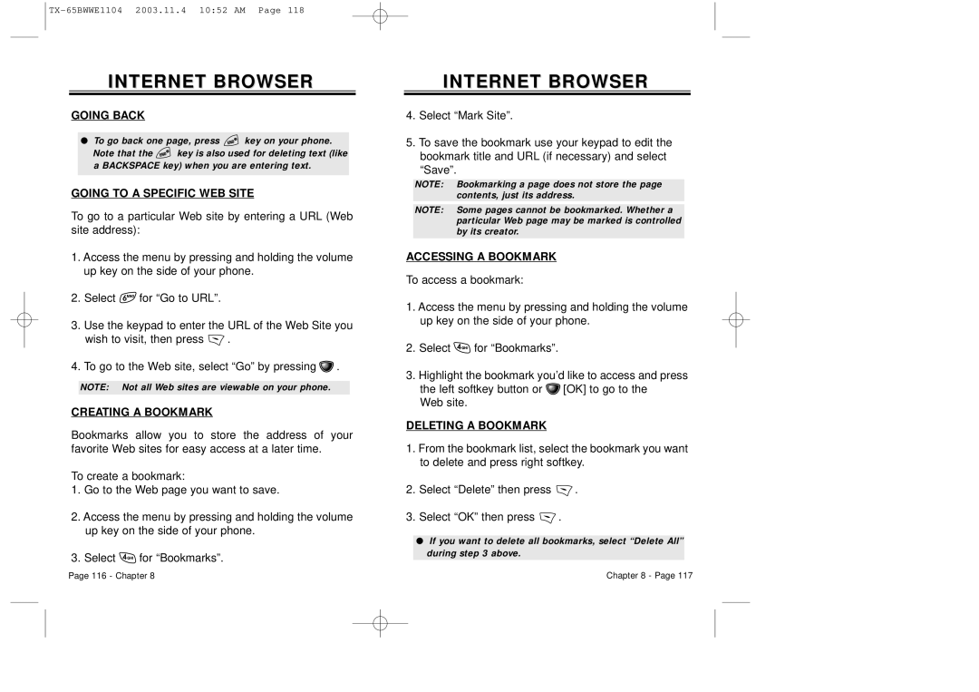 Audiovox CDM-8455 Going Back, Going to a Specific WEB Site, Creating a Bookmark, Accessing a Bookmark, Deleting a Bookmark 