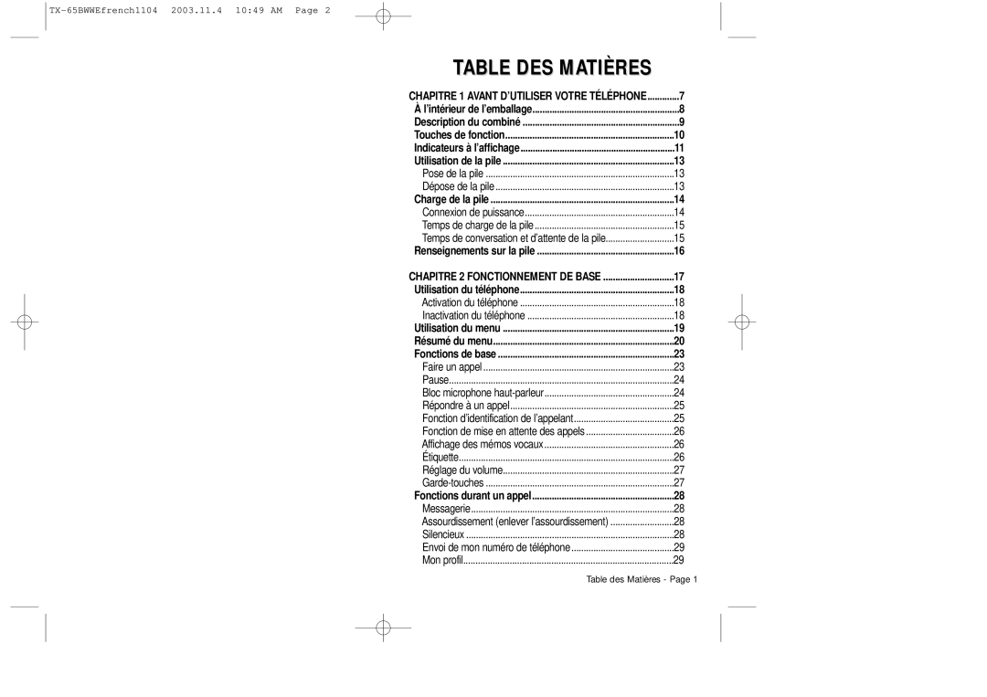 Audiovox CDM-8455 manual Table DES Matières, Chapitre 2 Fonctionnement DE Base 