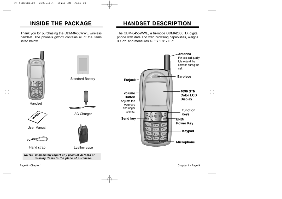 Audiovox CDM-8455 manual Inside the Package, Handset Description, End 