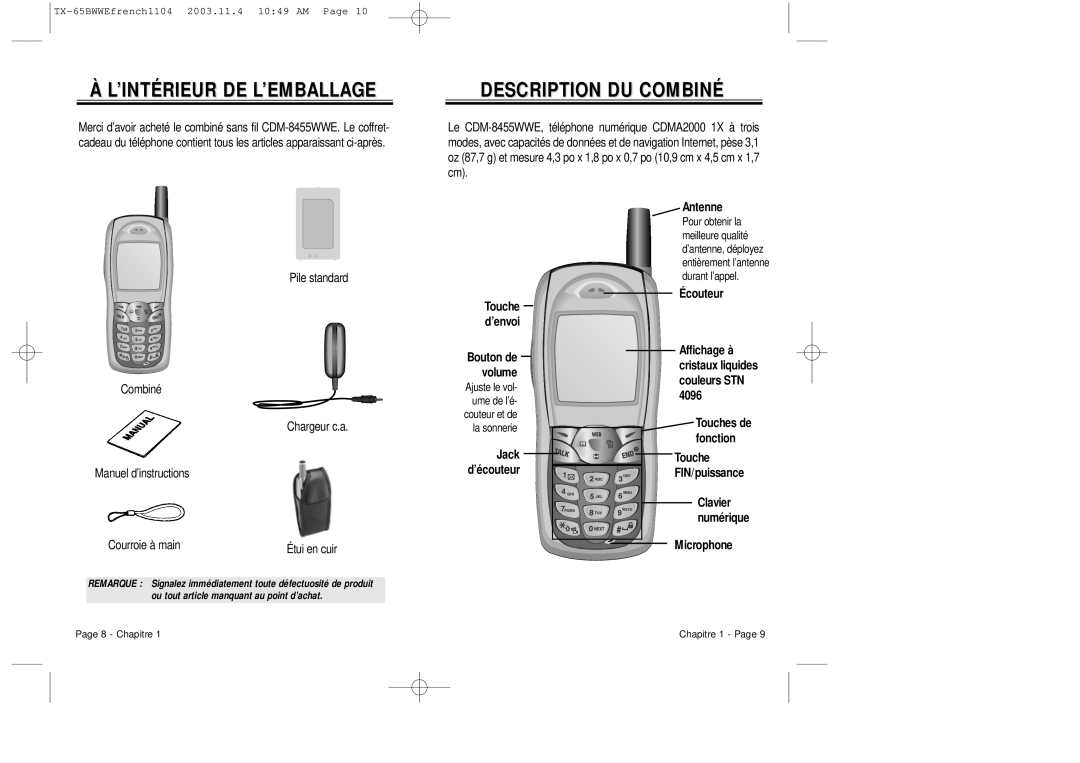 Audiovox CDM-8455 manual ’Intérieur De L’Emballage, Description DU Combiné 