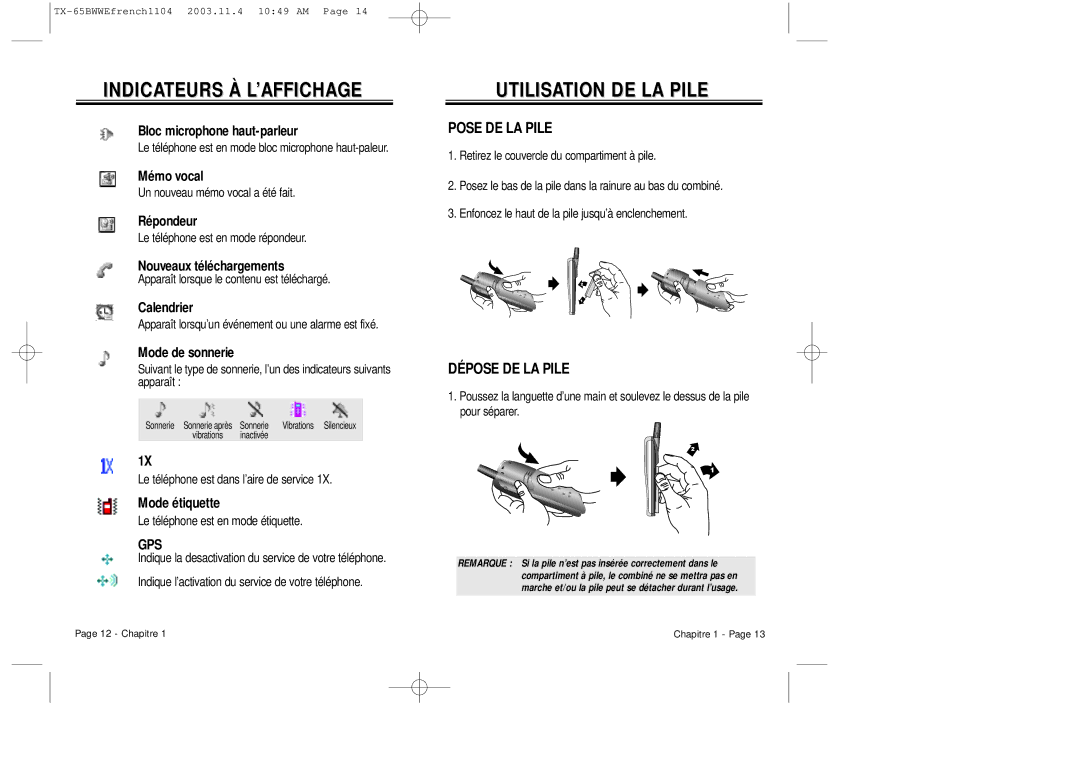 Audiovox CDM-8455 manual Utilisation DE LA Pile, Pose DE LA Pile, Dépose DE LA Pile 