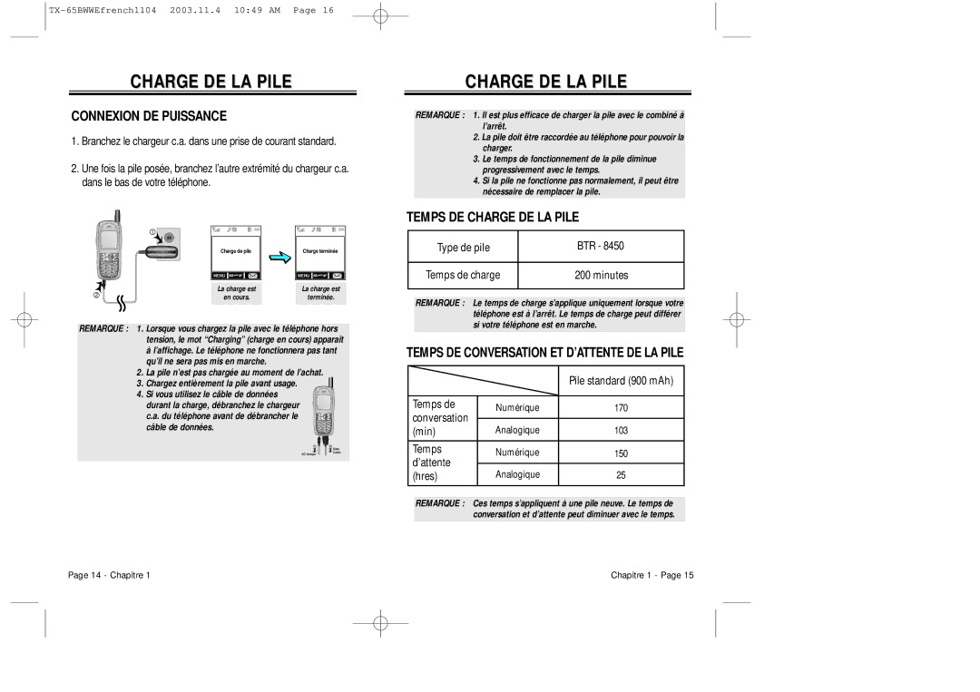 Audiovox CDM-8455 Connexion DE Puissance, Temps DE Charge DE LA Pile, Temps DE Conversation ET D’ATTENTE DE LA Pile 