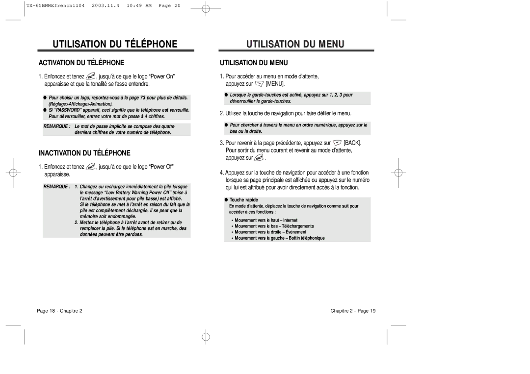 Audiovox CDM-8455 manual Utilisation DU Téléphone, Utilisation DU Menu, Activation DU Téléphone, Inactivation DU Téléphone 