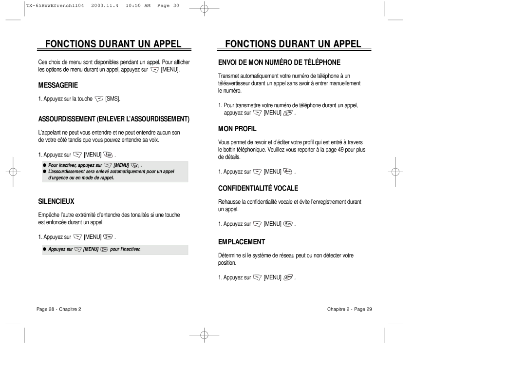 Audiovox CDM-8455 manual Fonctions Durant UN Appel 