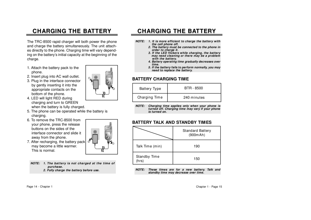 Audiovox CDM 8500 owner manual Charging the Battery, Battery Charging Time, Battery Talk and Standby Times 