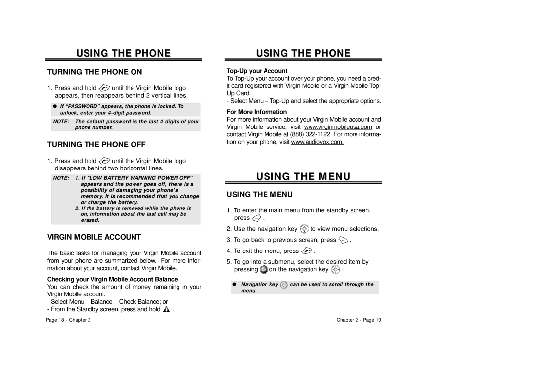 Audiovox CDM 8500 owner manual Turning the Phone on, Turning the Phone OFF, Virgin Mobile Account, Using the Menu 