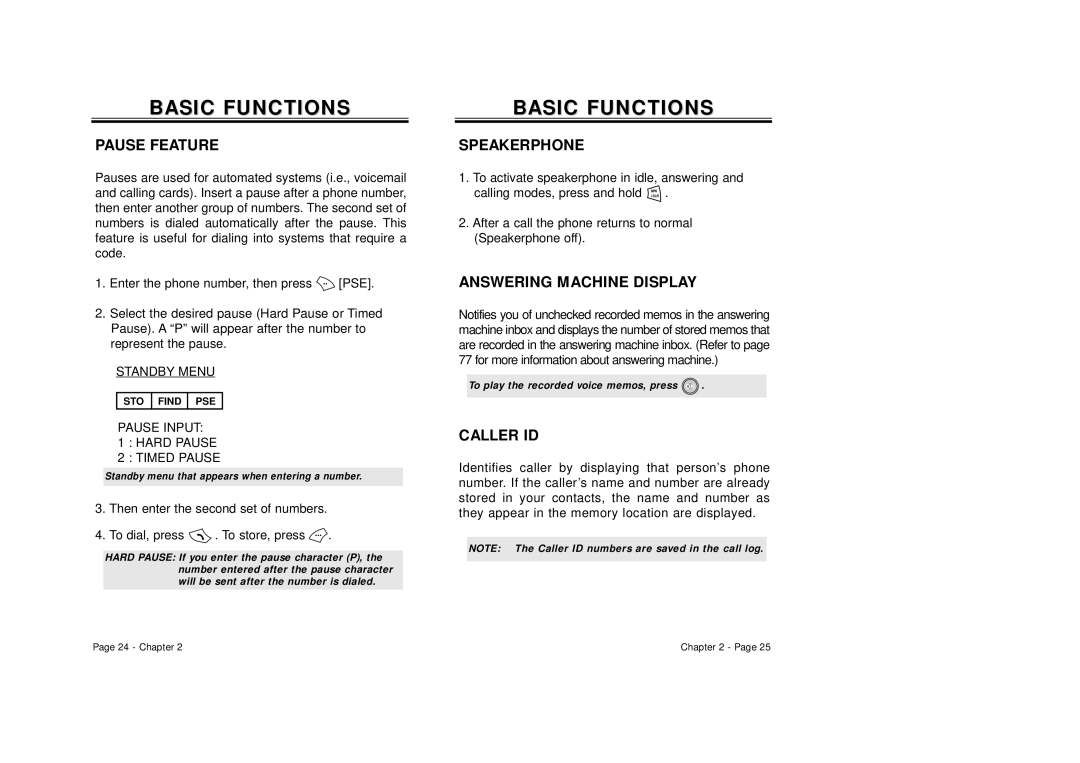 Audiovox CDM 8500 owner manual Basic Functions, Pause Feature, Speakerphone, Answering Machine Display, Caller ID 