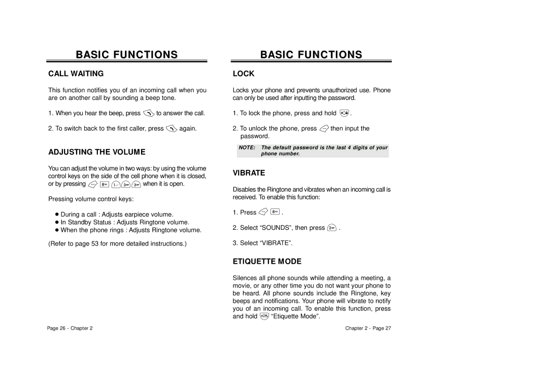 Audiovox CDM 8500 owner manual Call Waiting, Adjusting the Volume, Lock, Vibrate, Etiquette Mode 