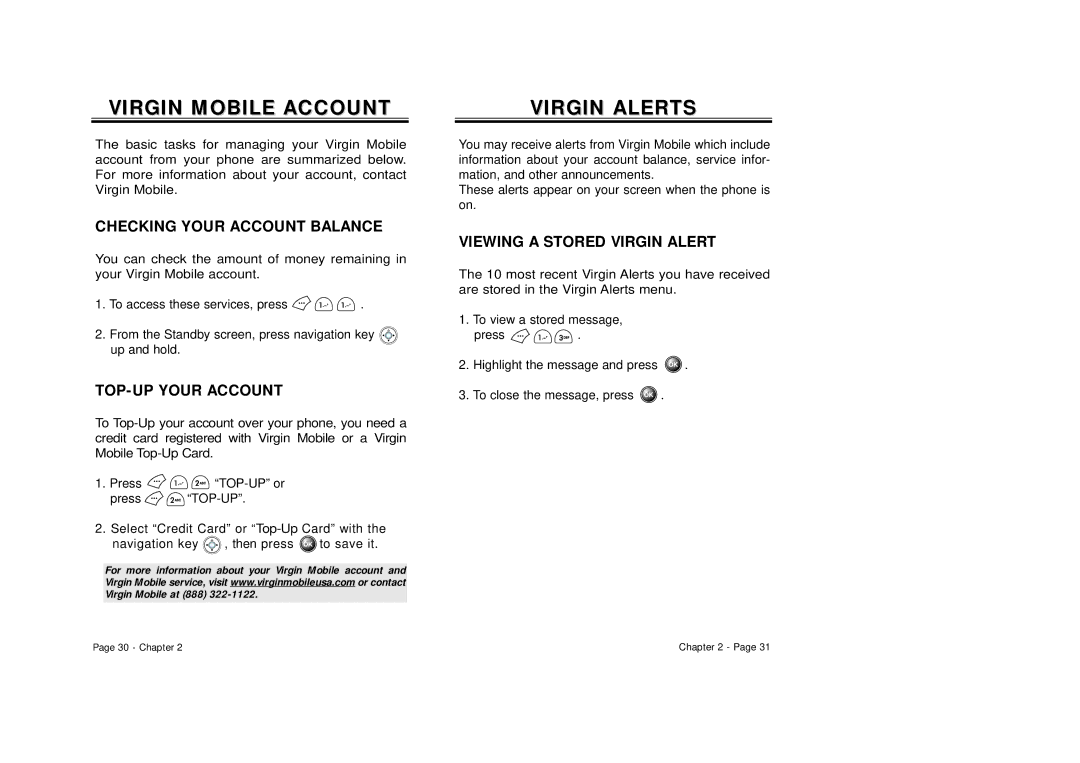 Audiovox CDM 8500 Virgin Mobile Account, Checking Your Account Balance, TOP-UP Your Account, Viewing a Stored Virgin Alert 