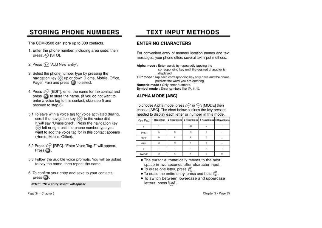 Audiovox CDM 8500 owner manual Storing Phone Numbers, Entering Characters 