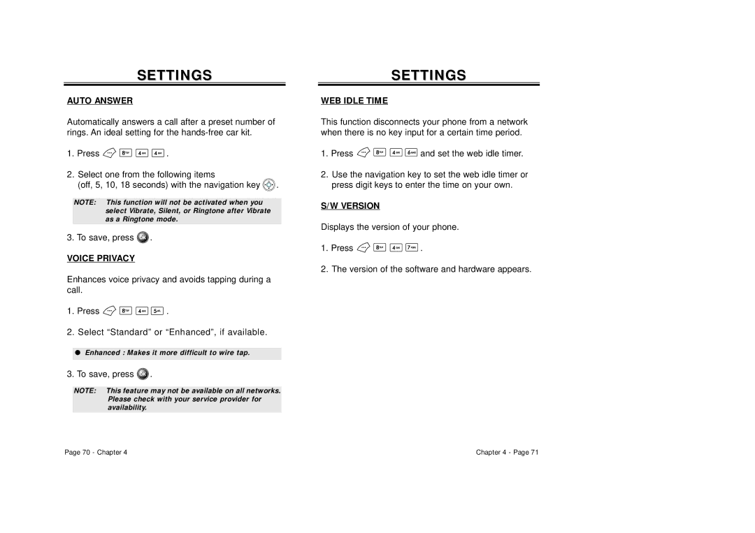 Audiovox CDM 8500 owner manual Auto Answer, Voice Privacy, WEB Idle Time, Version 