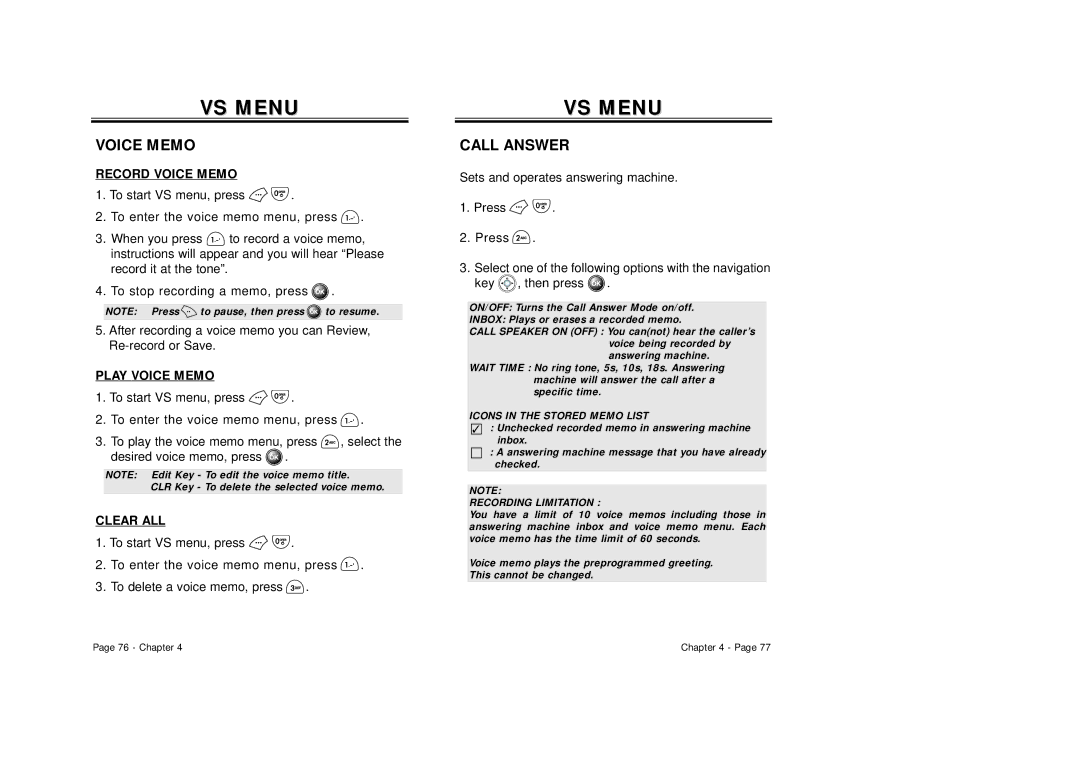 Audiovox CDM 8500 owner manual VS Menu, Call Answer, Record Voice Memo, Play Voice Memo, Clear ALL 