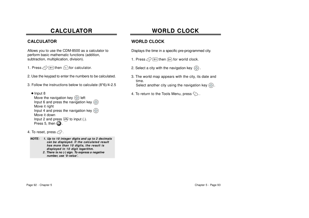 Audiovox CDM 8500 owner manual Calculator, World Clock 