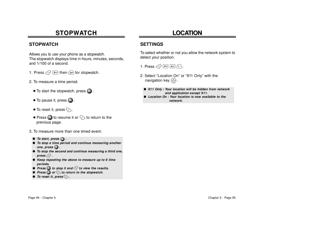 Audiovox CDM 8500 owner manual Stopwatch, Localocationtion, Settings 