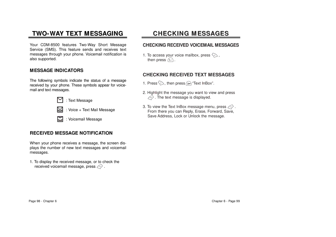 Audiovox CDM 8500 owner manual TWO-WAY Text Messaging, Message Indicators, Received Message Notification 