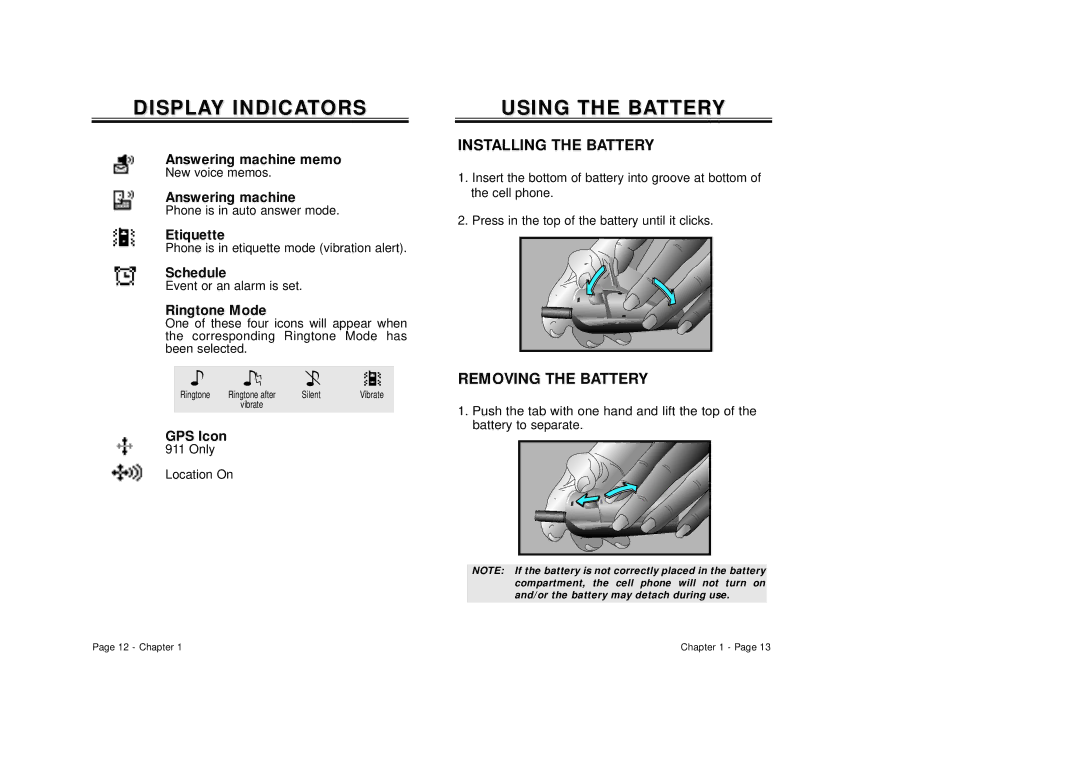 Audiovox CDM 8500 owner manual Display Indicators, Installing the Battery, Removing the Battery 