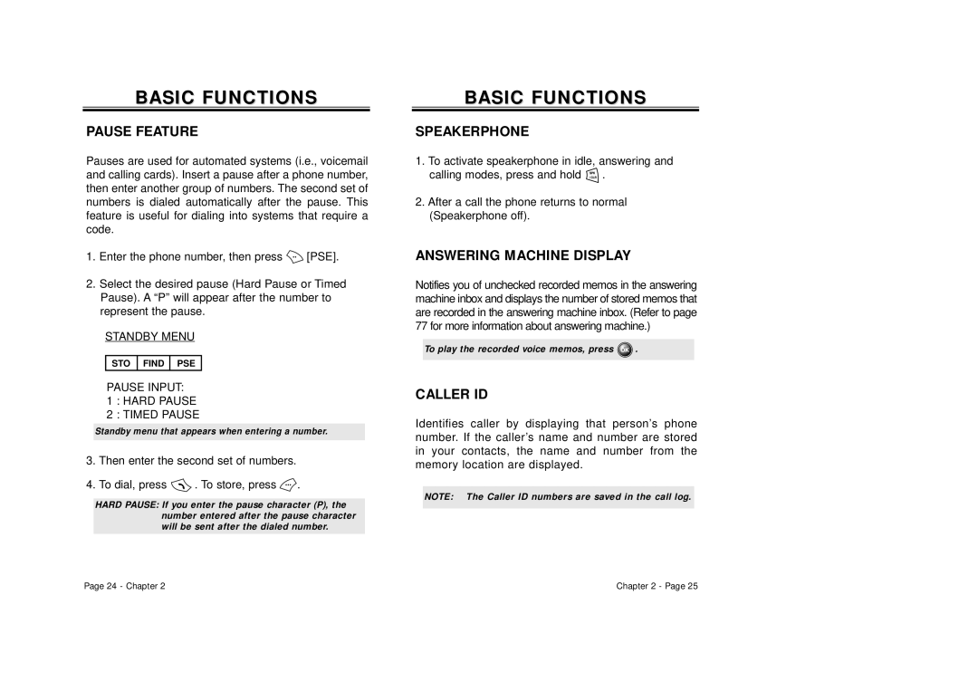 Audiovox CDM-8500 owner manual Basic Functions, Pause Feature, Speakerphone, Answering Machine Display, Caller ID 