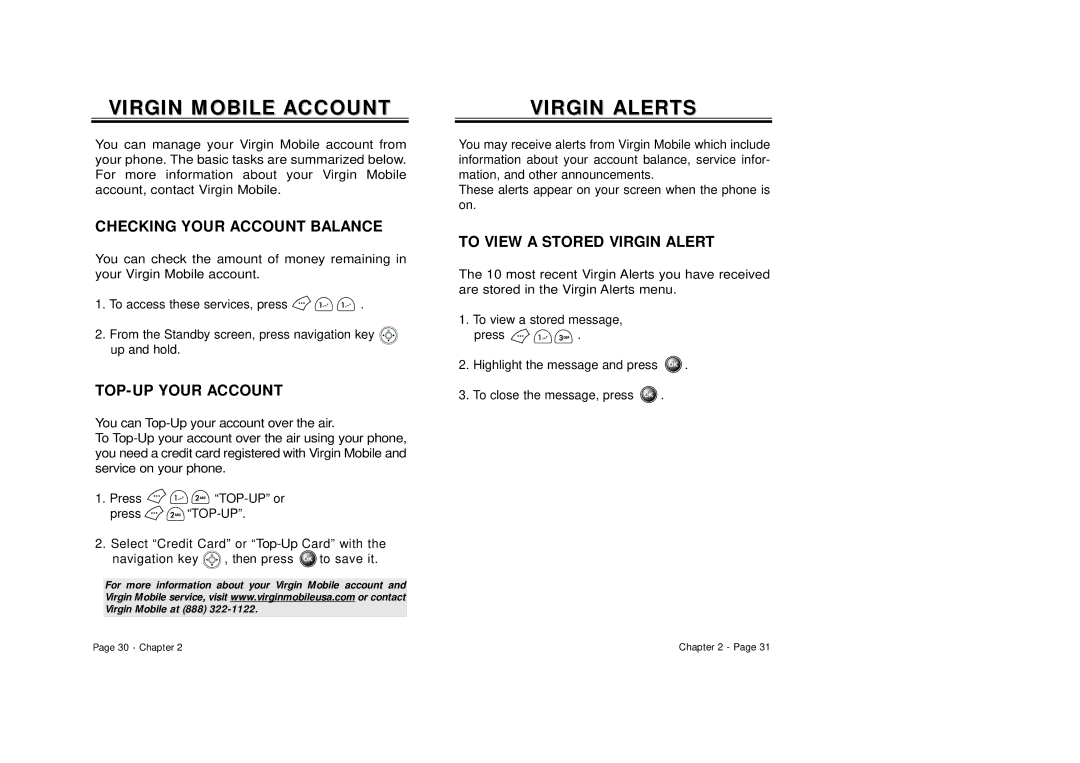 Audiovox CDM-8500 Virgin Mobile Account, Checking Your Account Balance, TOP-UP Your Account, To View a Stored Virgin Alert 