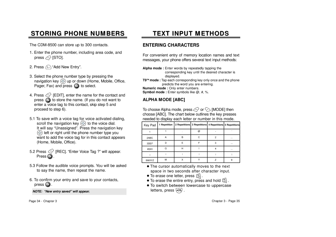 Audiovox CDM-8500 owner manual Storing Phone Numbers, Entering Characters 