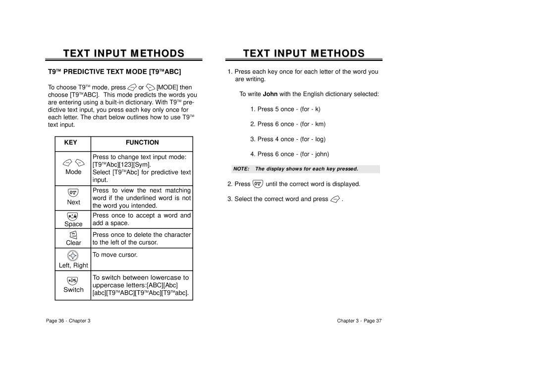 Audiovox CDM-8500 owner manual Text Input Methods, KEY Function 