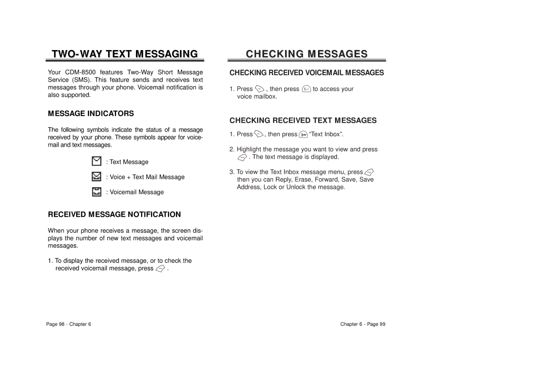 Audiovox CDM-8500 owner manual TWO-WAY Text Messaging, Message Indicators, Received Message Notification 