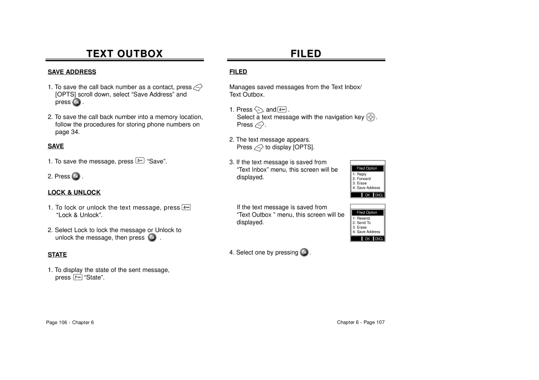 Audiovox CDM-8500 owner manual Text Outbox, Filedfiled, State 