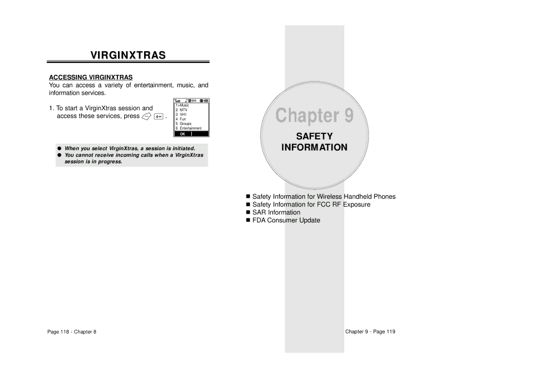 Audiovox CDM-8500 owner manual Safety, Information, Accessing Virginxtras 