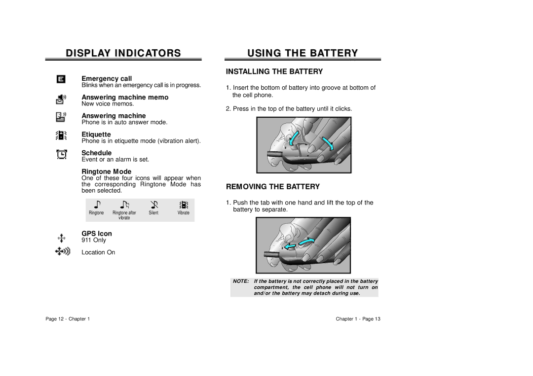 Audiovox CDM-8500 owner manual Display Indicators, Installing the Battery, Removing the Battery 