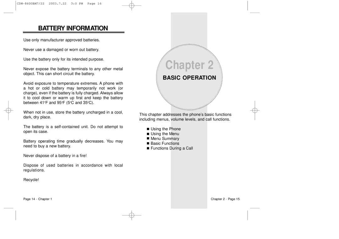 Audiovox CDM 8600 owner manual Battery Information, Basic Operation 