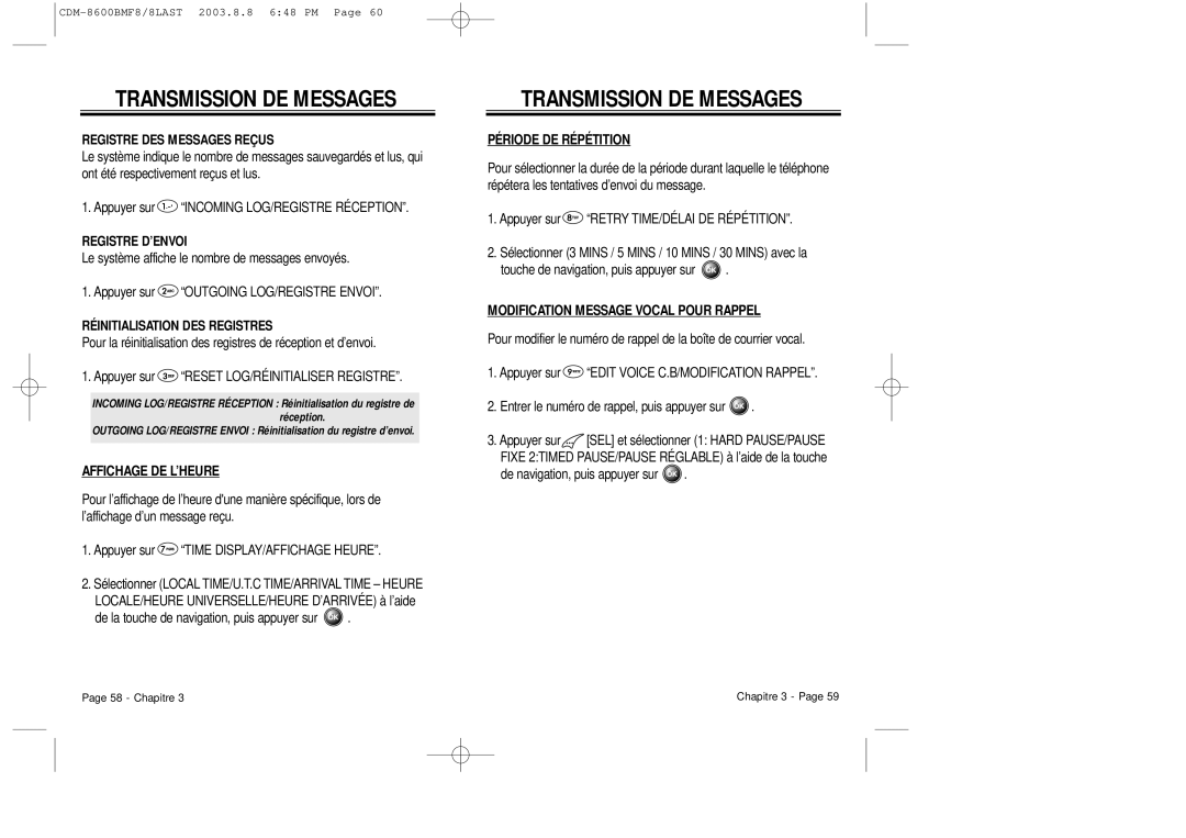 Audiovox CDM 8600 owner manual Affichage DE L’HEURE, Période DE Répétition, Modification Message Vocal Pour Rappel 