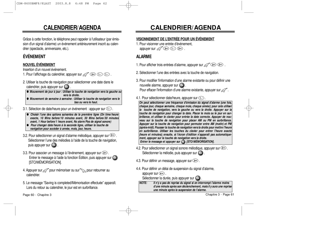 Audiovox CDM 8600 owner manual Calendrier/Agenda, Événement, Alarme 