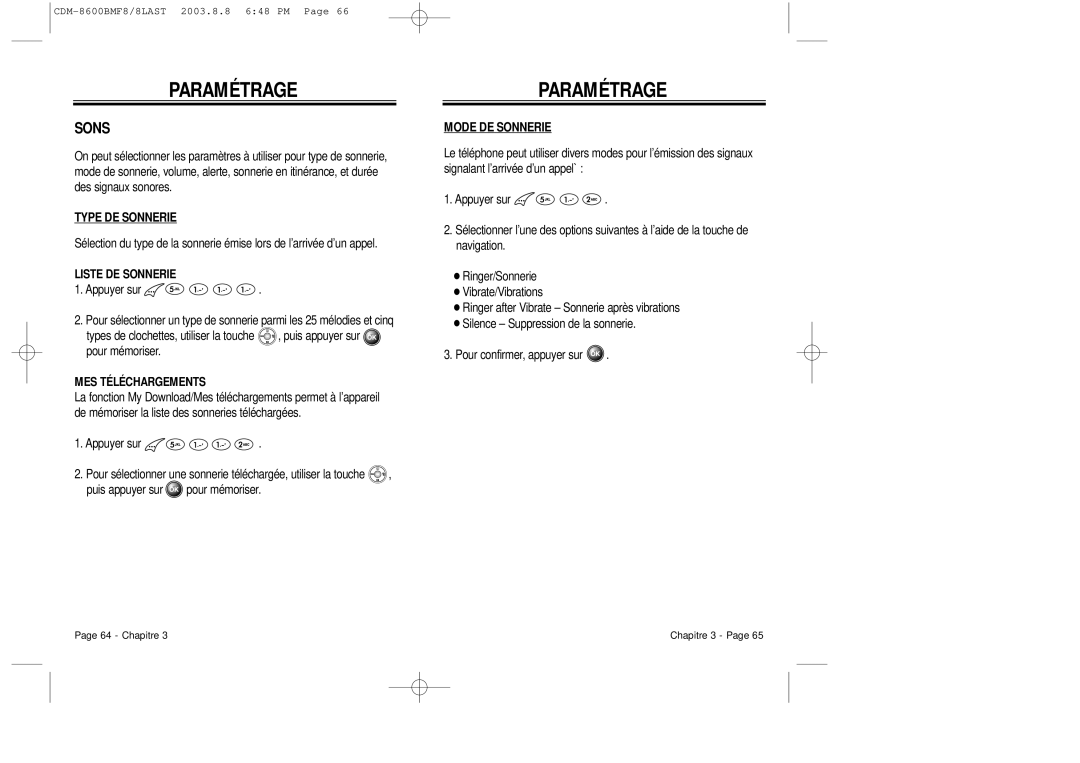 Audiovox CDM 8600 owner manual Paramétrage, Sons, Type DE Sonnerie, Mode DE Sonnerie 