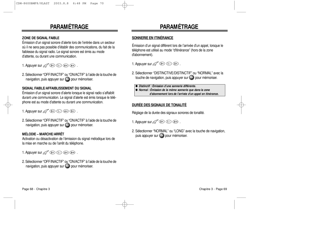 Audiovox CDM 8600 owner manual Zone DE Signal Faible, Signal FAIBLE/AFFAIBLISSEMENT DU Signal, Mélodie MARCHE/ARRÊT 