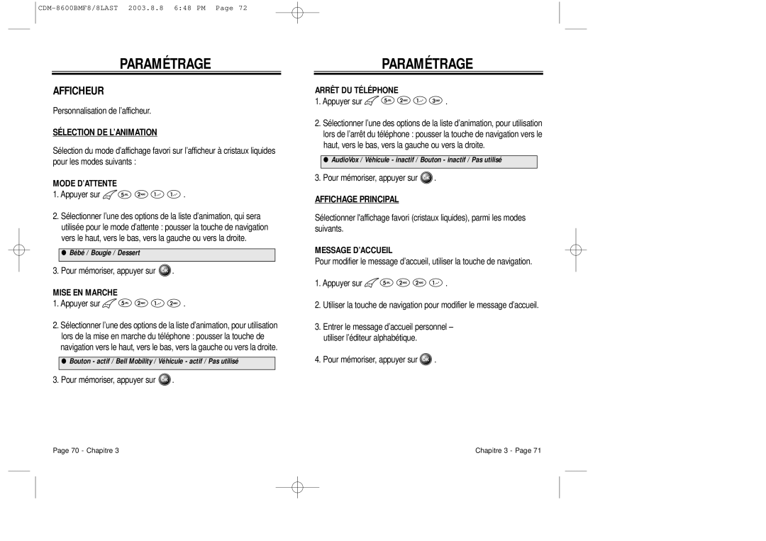 Audiovox CDM 8600 owner manual Afficheur, Sélection DE L’ANIMATION, Affichage Principal 