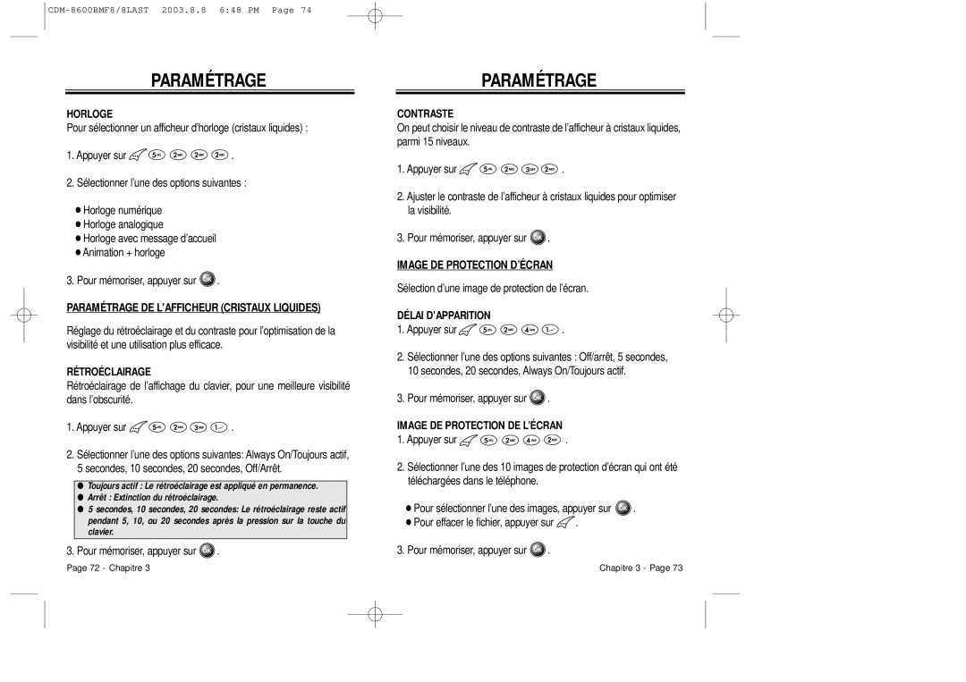 Audiovox CDM 8600 owner manual Paramétrage DE Lafficheur Cristaux Liquides, Image DE Protection D’ÉCRAN 