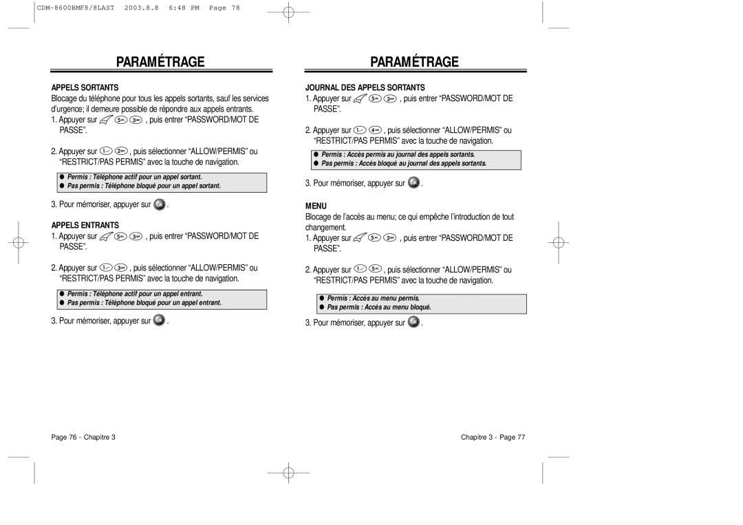 Audiovox CDM 8600 owner manual Appels Entrants, Journal DES Appels Sortants, Menu 