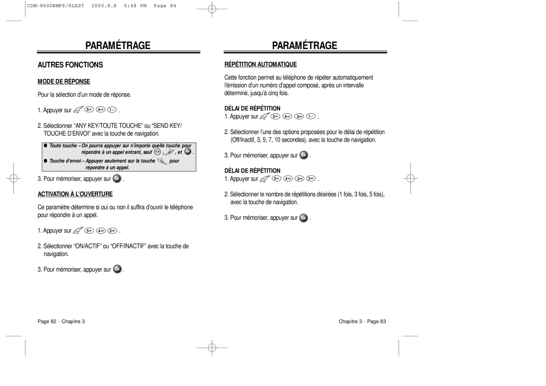 Audiovox CDM 8600 Autres Fonctions, Mode DE Réponse, Activation À L’OUVERTURE, Répétition Automatique, Délai DE Répétition 