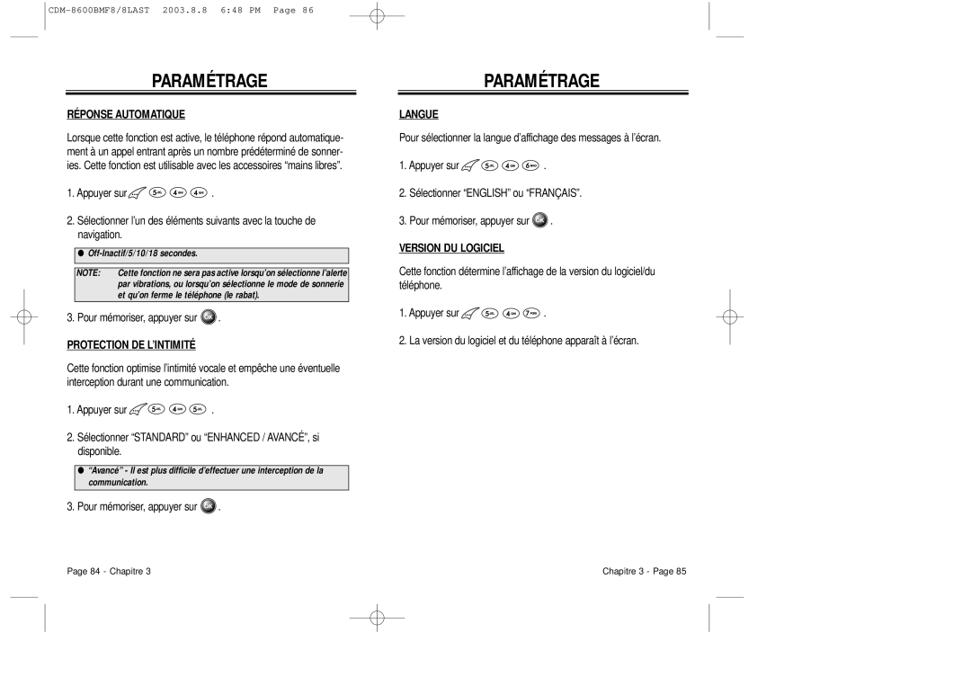 Audiovox CDM 8600 owner manual Réponse Automatique, Protection DE L’INTIMITÉ, Langue, Version DU Logiciel 