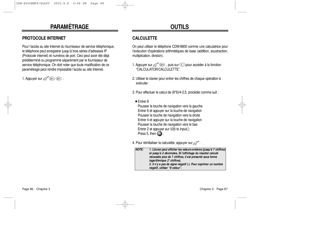 Audiovox CDM 8600 owner manual Outils, Protocole Internet, Calculette 