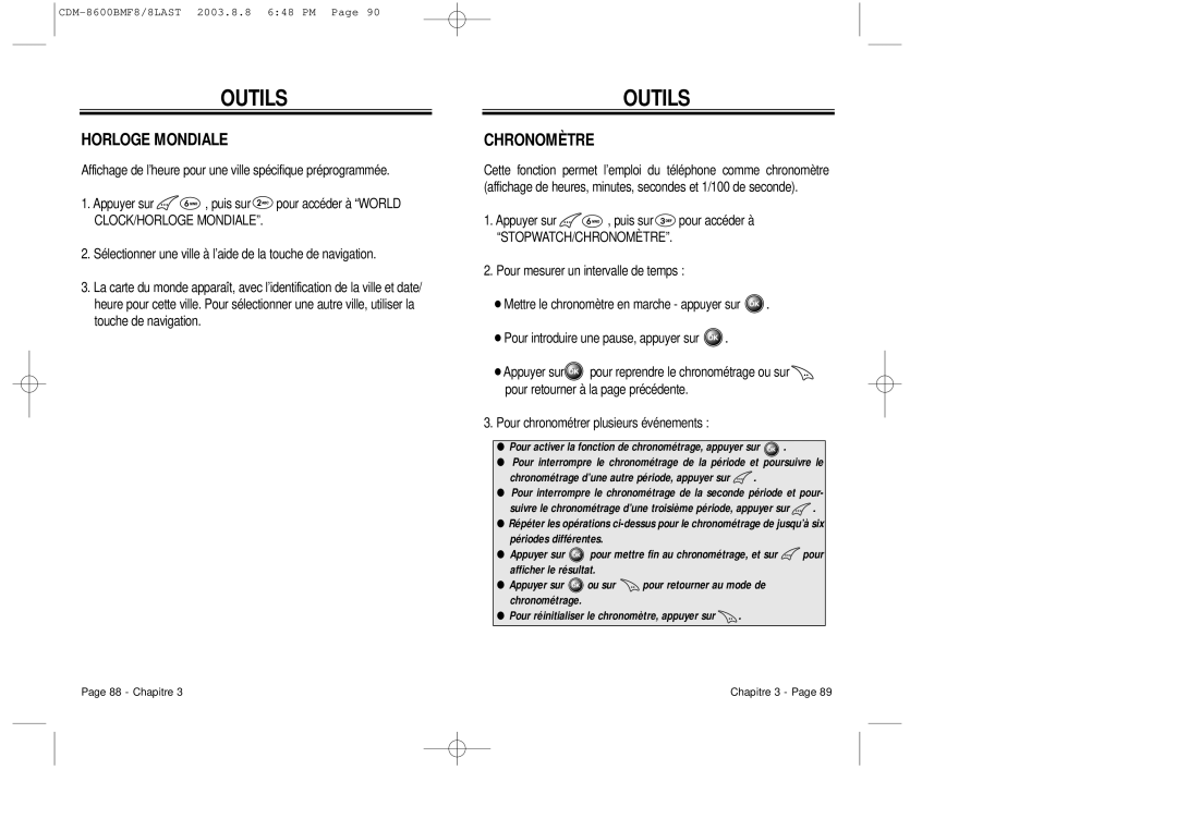 Audiovox CDM 8600 owner manual Horloge Mondiale, Chronomètre 