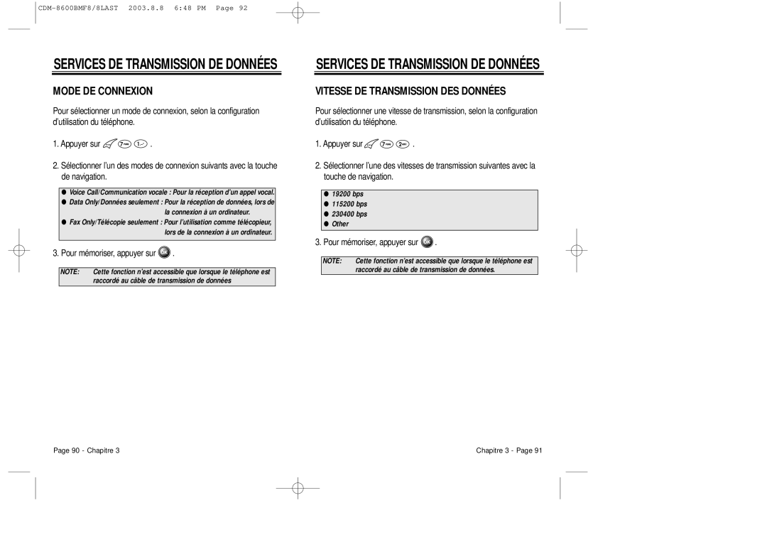 Audiovox CDM 8600 owner manual Services DE Transmission DE Données, Mode DE Connexion, Vitesse DE Transmission DES Données 