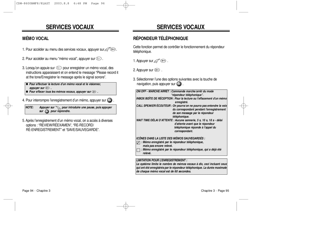 Audiovox CDM 8600 owner manual Services Vocaux, Mémo Vocal, Répondeur Téléphonique 