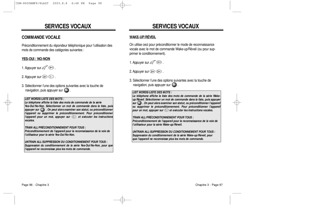 Audiovox CDM 8600 owner manual Commande Vocale, Yes-Oui / No-Non, Wake-Up/Réveil 