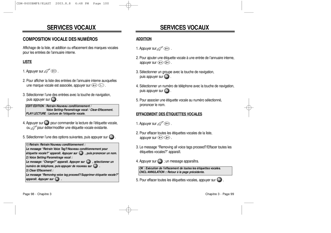 Audiovox CDM 8600 owner manual Composition Vocale DES Numéros, Liste, Addition, Effacement DES Étiquettes Vocales 