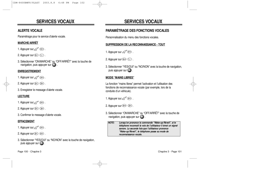 Audiovox CDM 8600 owner manual Alerte Vocale, Paramétrage DES Fonctions Vocales 