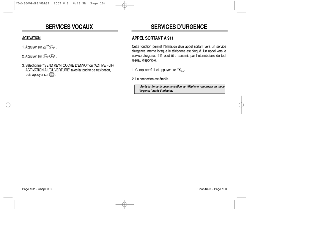 Audiovox CDM 8600 owner manual Services D’URGENCE, Appel Sortant À, Activation 