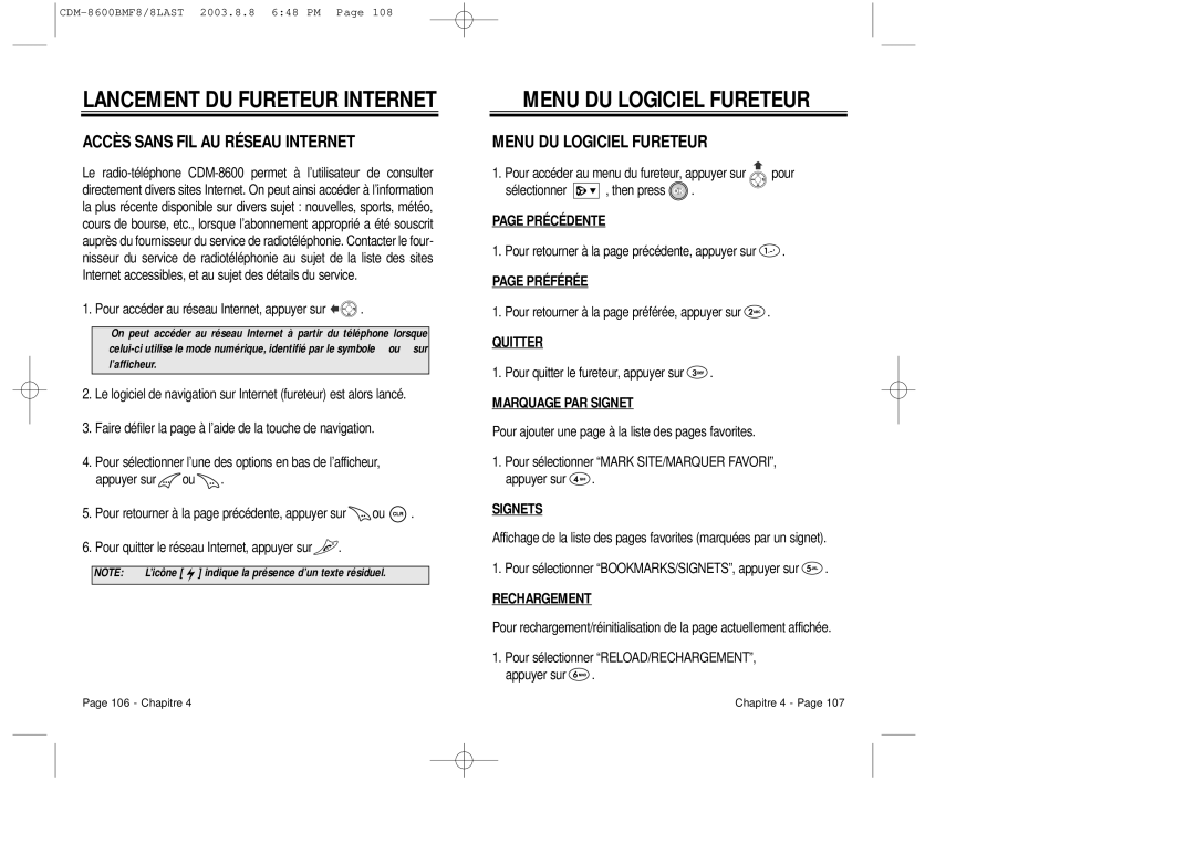 Audiovox CDM 8600 owner manual Lancement DU Fureteur Internet, Menu DU Logiciel Fureteur, Accès Sans FIL AU Réseau Internet 