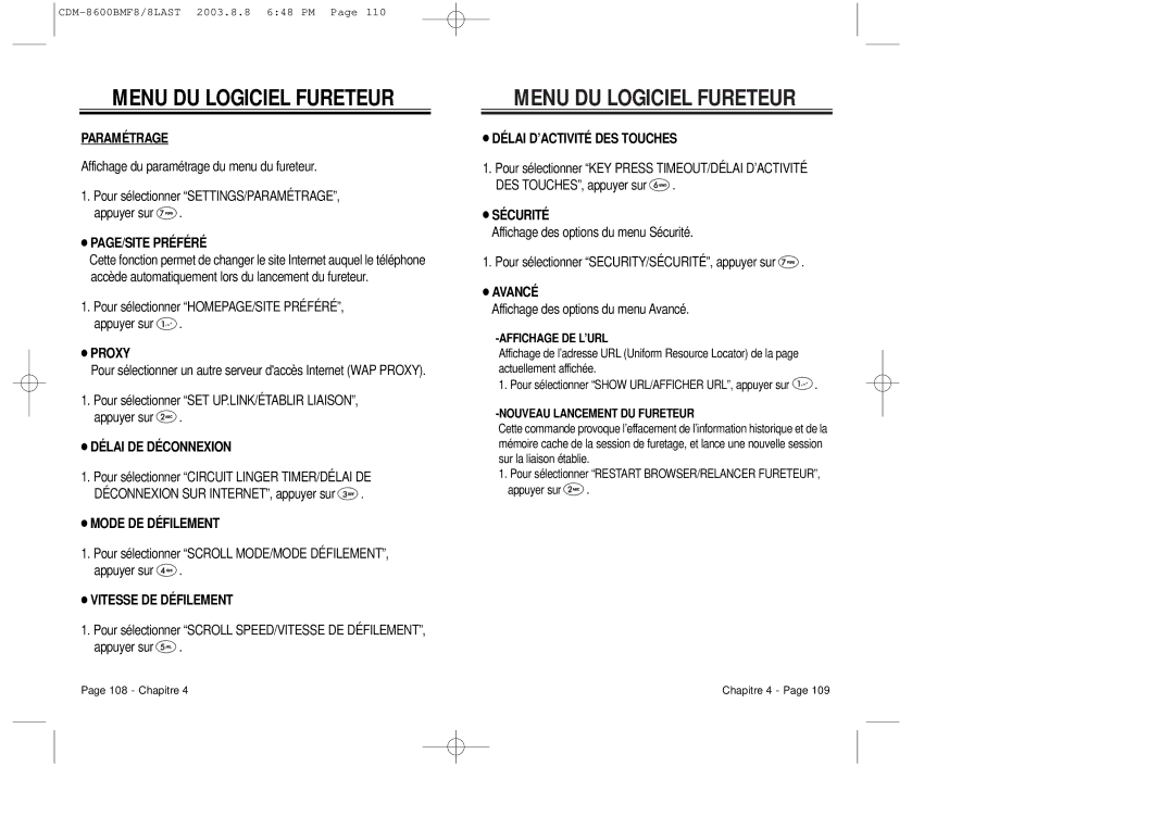 Audiovox CDM 8600 owner manual Paramétrage, PAGE/SITE Préféré 