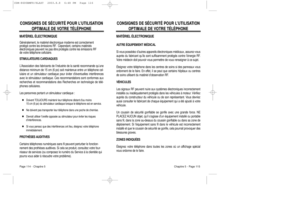 Audiovox CDM 8600 Stimulateurs Cardiaques, Prothèses Auditives, Autre Équipement Médical, Véhicules, Zones Indiquées 