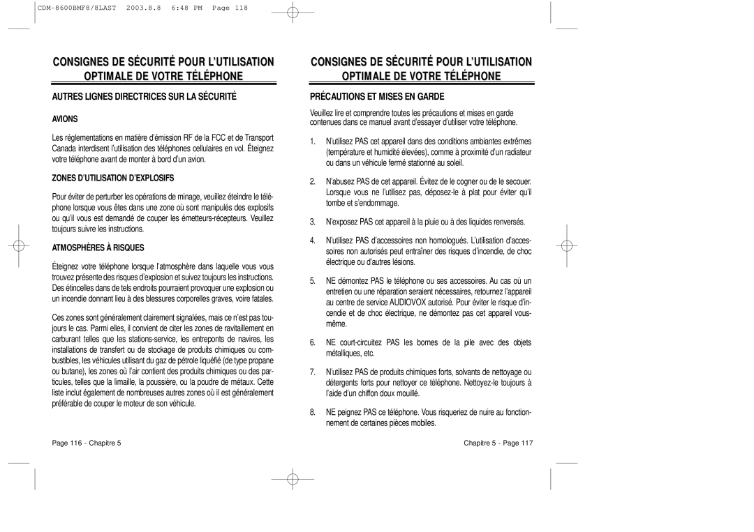 Audiovox CDM 8600 owner manual Avions, Zones D’UTILISATION D’EXPLOSIFS, Atmosphères À Risques 